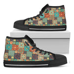 Vintage Floral Patchwork Pattern Print Black High Top Shoes