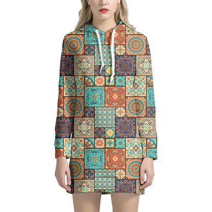 Vintage Floral Patchwork Pattern Print Hoodie Dress