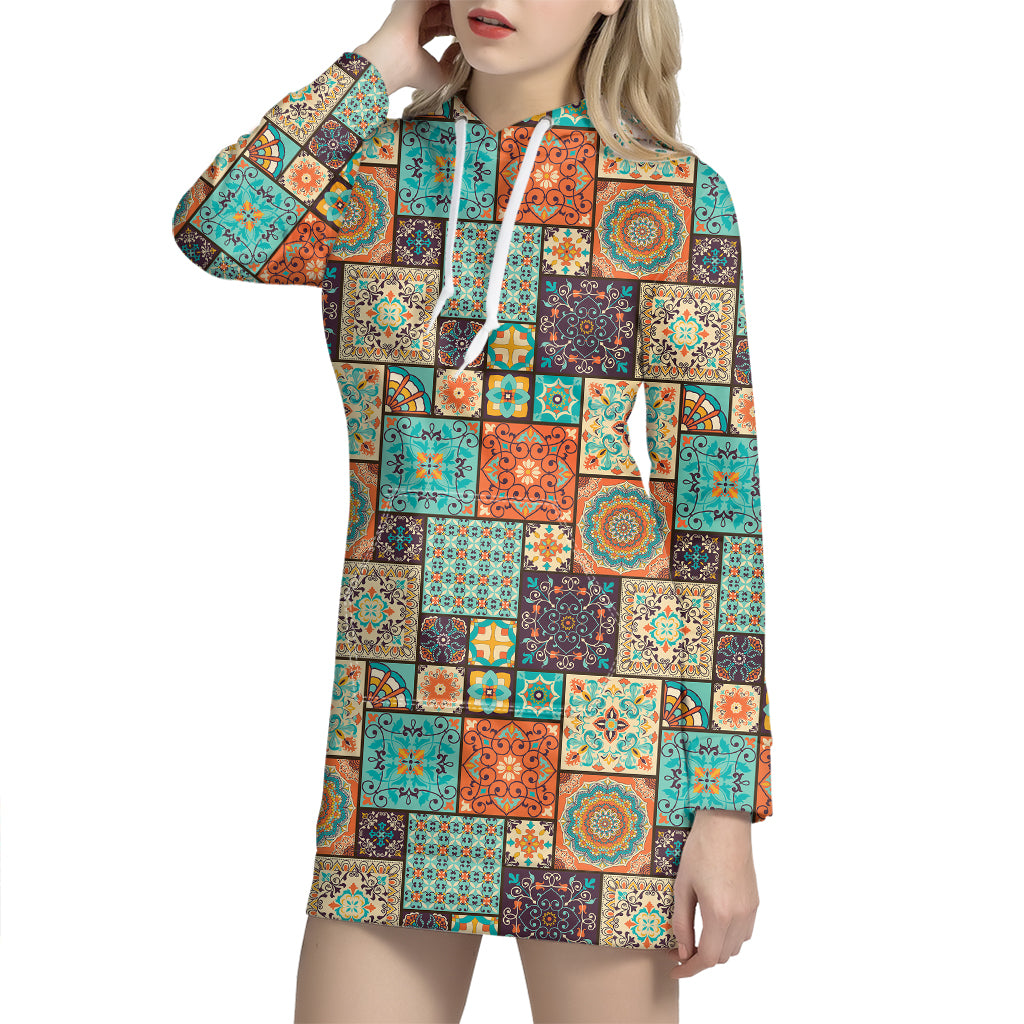 Vintage Floral Patchwork Pattern Print Hoodie Dress