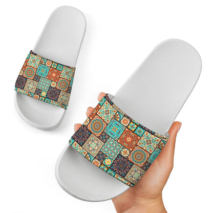 Vintage Floral Patchwork Pattern Print White Slide Sandals