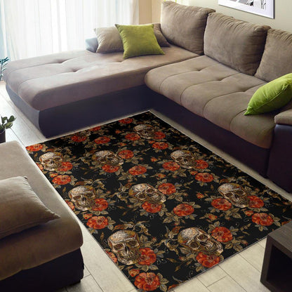Vintage Floral Skull Pattern Print Area Rug GearFrost