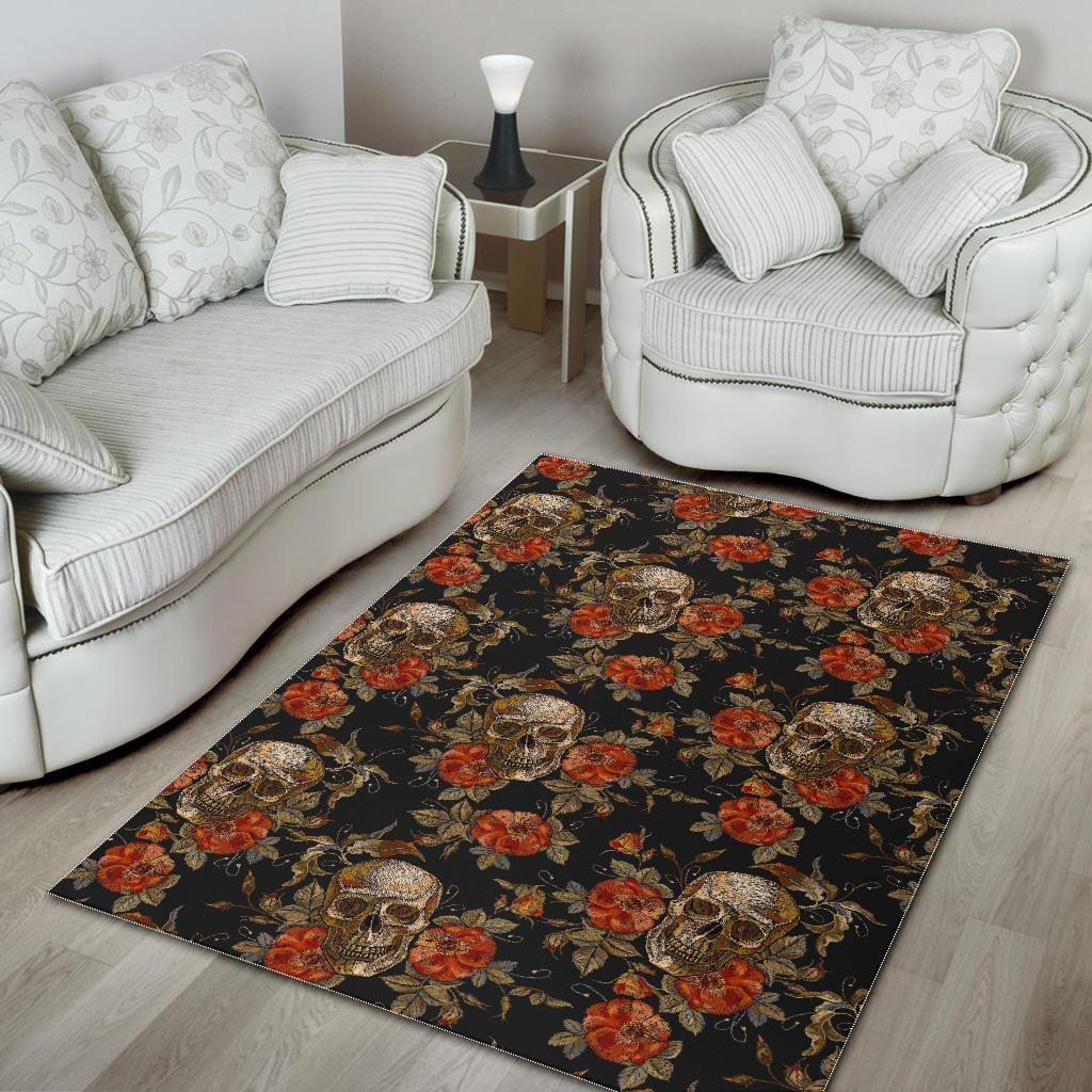 Vintage Floral Skull Pattern Print Area Rug GearFrost
