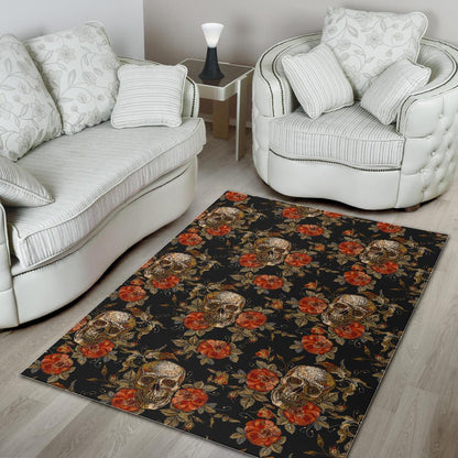 Vintage Floral Skull Pattern Print Area Rug GearFrost