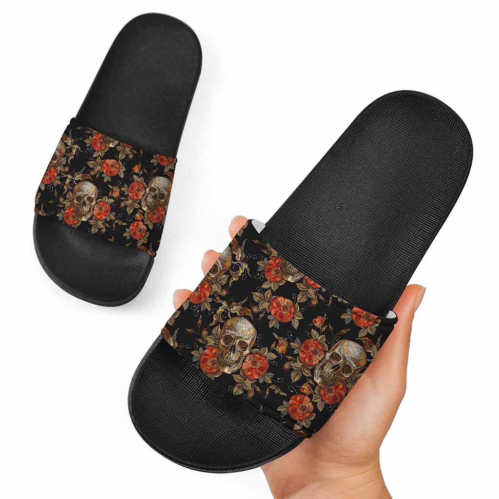 Vintage Floral Skull Pattern Print Black Slide Sandals