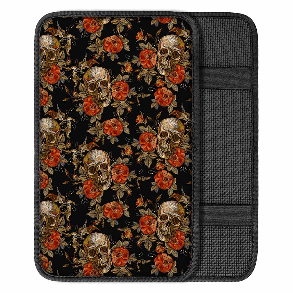 Vintage Floral Skull Pattern Print Car Center Console Cover