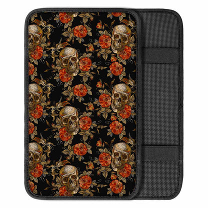 Vintage Floral Skull Pattern Print Car Center Console Cover
