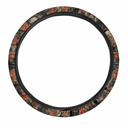 Vintage Floral Skull Pattern Print Car Steering Wheel Cover