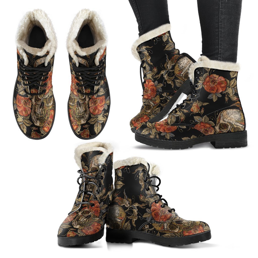 Vintage Floral Skull Pattern Print Comfy Boots GearFrost