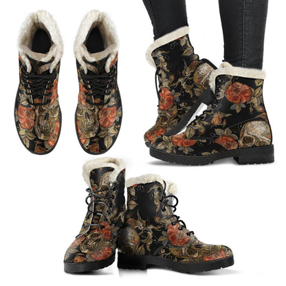 Vintage Floral Skull Pattern Print Comfy Boots GearFrost