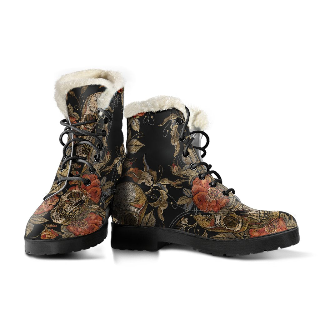 Vintage Floral Skull Pattern Print Comfy Boots GearFrost