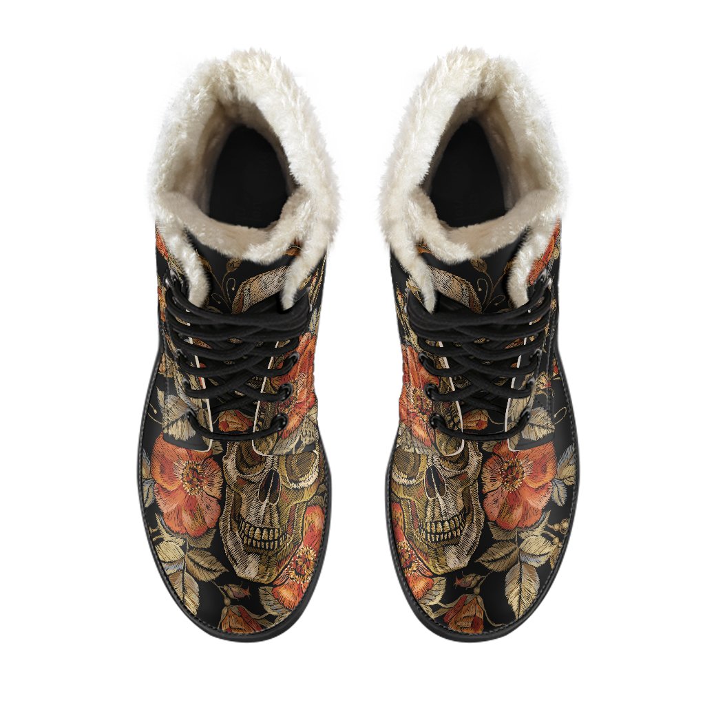 Vintage Floral Skull Pattern Print Comfy Boots GearFrost
