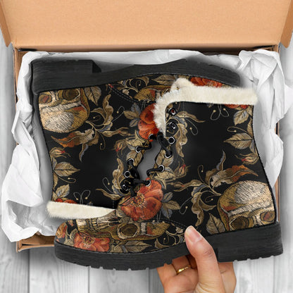 Vintage Floral Skull Pattern Print Comfy Boots GearFrost