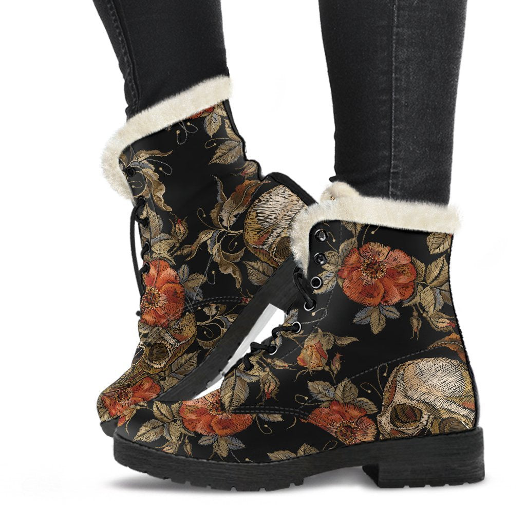 Vintage Floral Skull Pattern Print Comfy Boots GearFrost