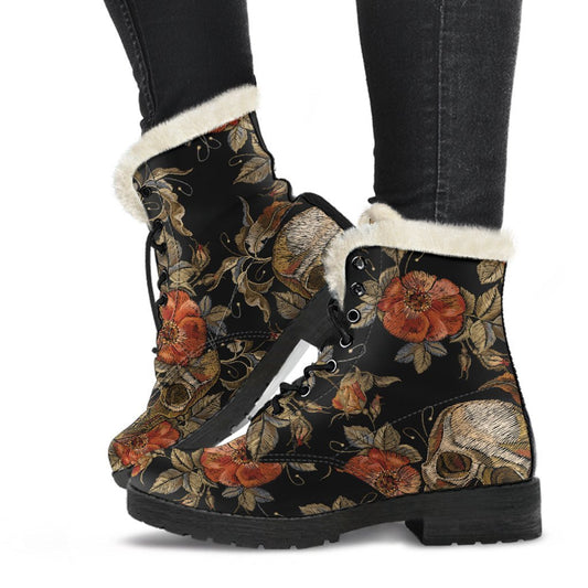 Vintage Floral Skull Pattern Print Comfy Boots GearFrost