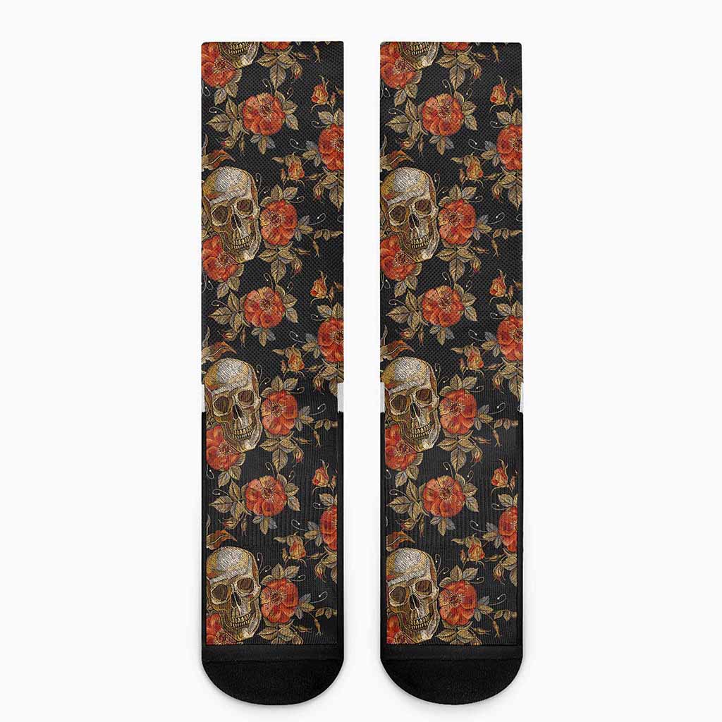 Vintage Floral Skull Pattern Print Crew Socks
