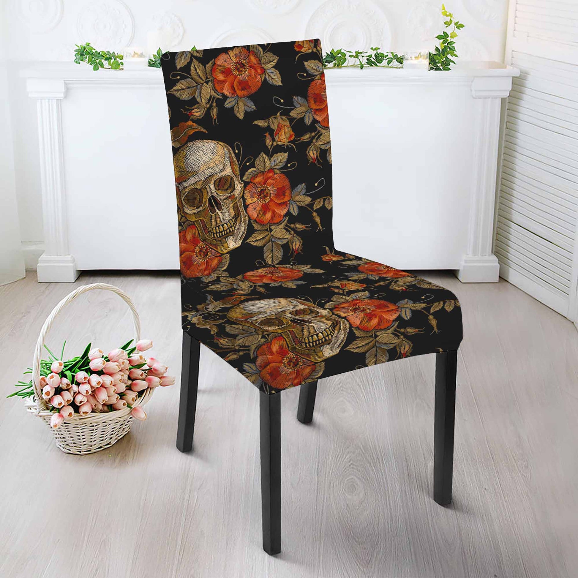 Vintage Floral Skull Pattern Print Dining Chair Slipcover