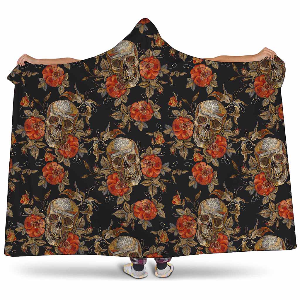 Vintage Floral Skull Pattern Print Hooded Blanket