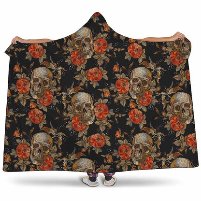 Vintage Floral Skull Pattern Print Hooded Blanket