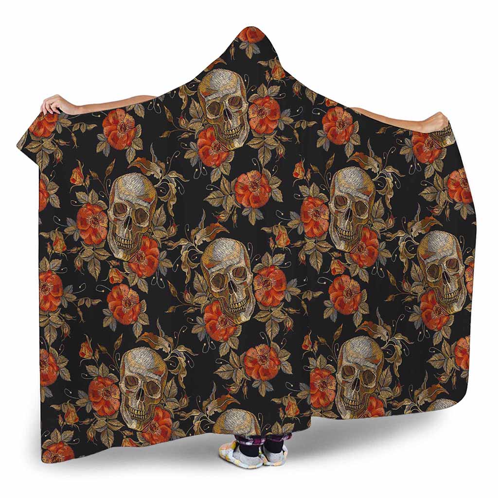 Vintage Floral Skull Pattern Print Hooded Blanket