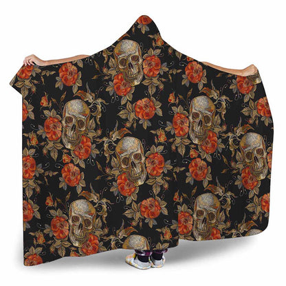 Vintage Floral Skull Pattern Print Hooded Blanket