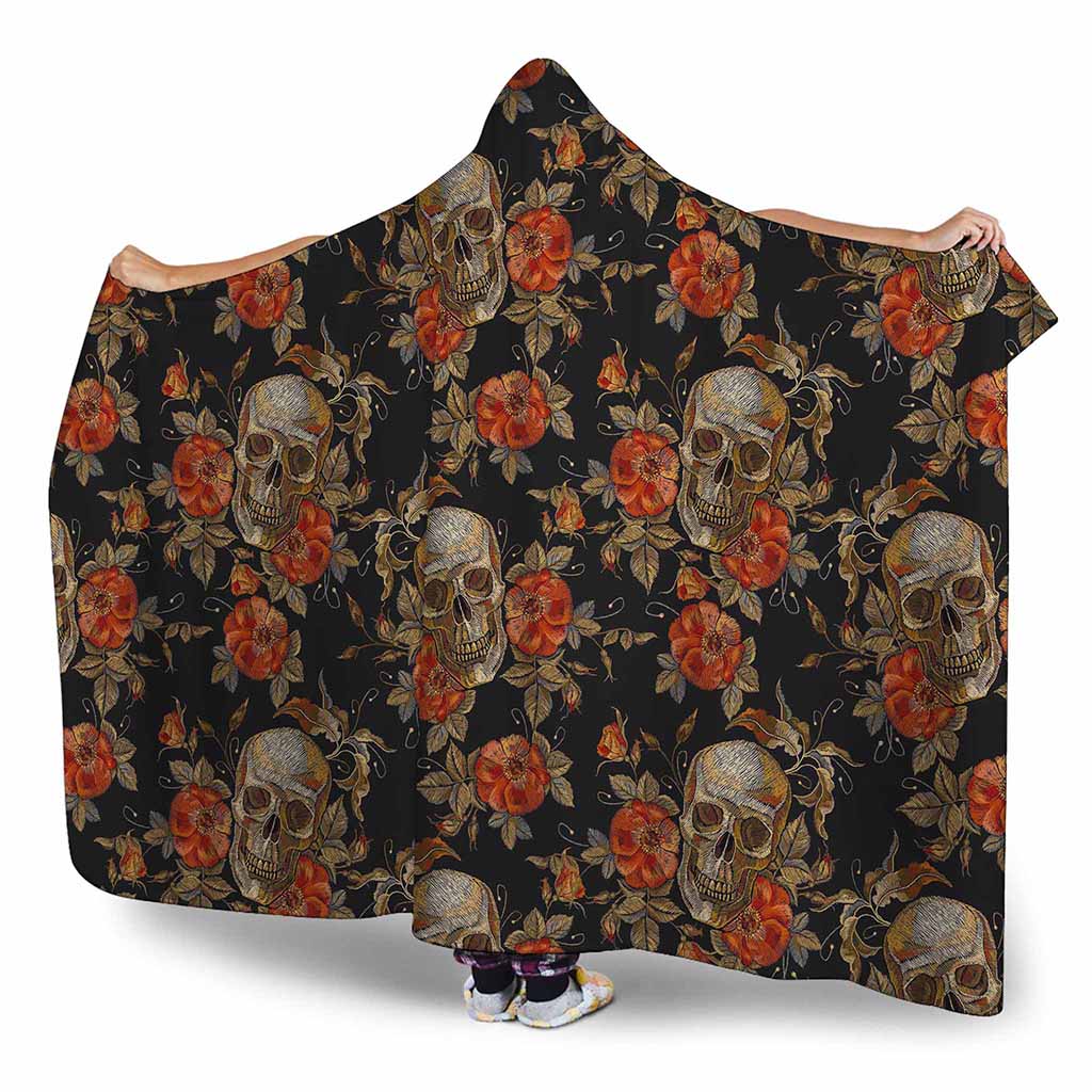 Vintage Floral Skull Pattern Print Hooded Blanket