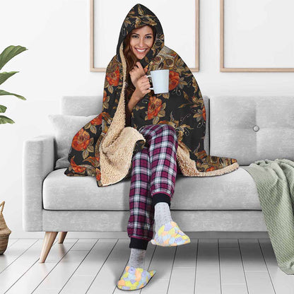 Vintage Floral Skull Pattern Print Hooded Blanket
