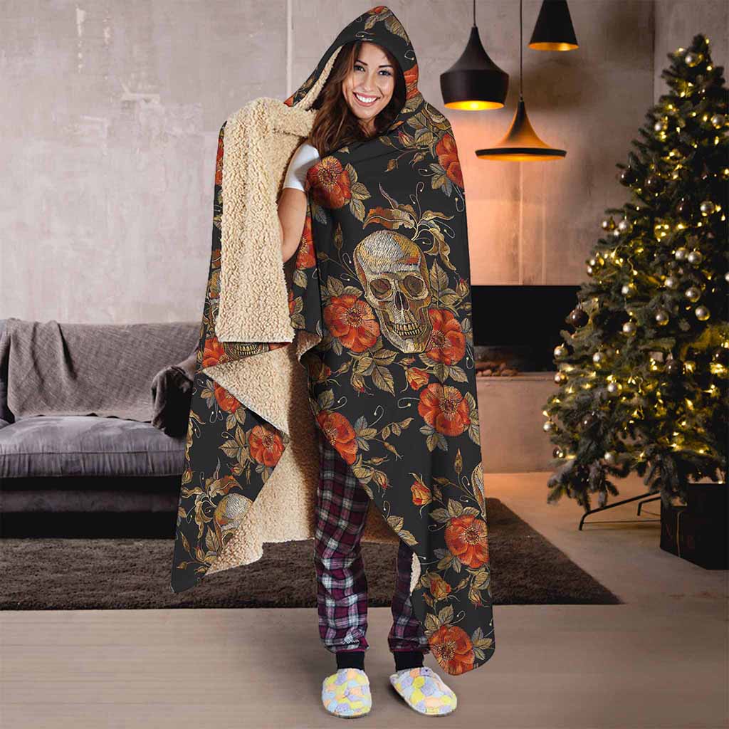 Vintage Floral Skull Pattern Print Hooded Blanket