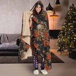 Vintage Floral Skull Pattern Print Hooded Blanket