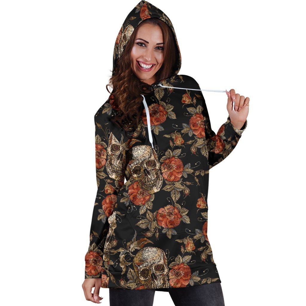 Vintage Floral Skull Pattern Print Hoodie Dress GearFrost