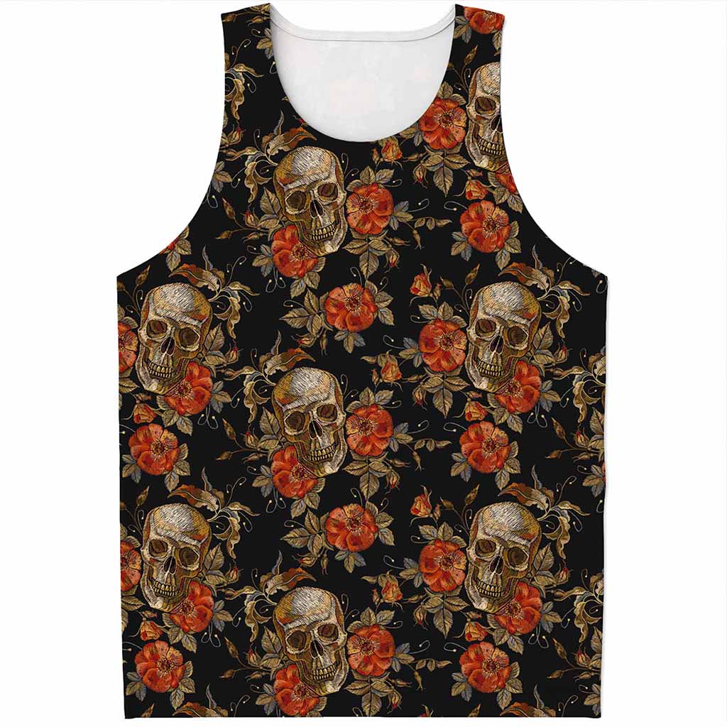 Vintage Floral Skull Pattern Print Men's Tank Top