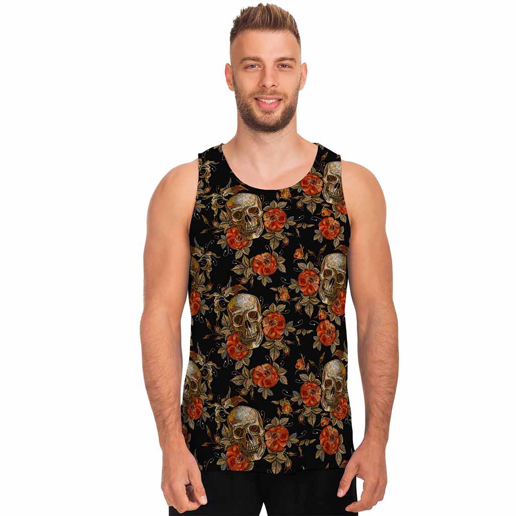 Vintage Floral Skull Pattern Print Men's Tank Top