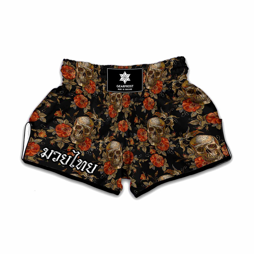 Vintage Floral Skull Pattern Print Muay Thai Boxing Shorts