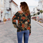 Vintage Floral Skull Pattern Print Off Shoulder Sweatshirt GearFrost