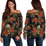 Vintage Floral Skull Pattern Print Off Shoulder Sweatshirt GearFrost