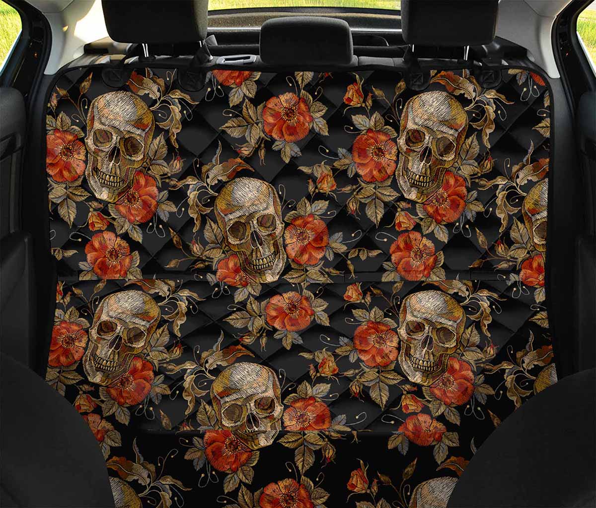 Vintage Floral Skull Pattern Print Pet Car Back Seat Cover