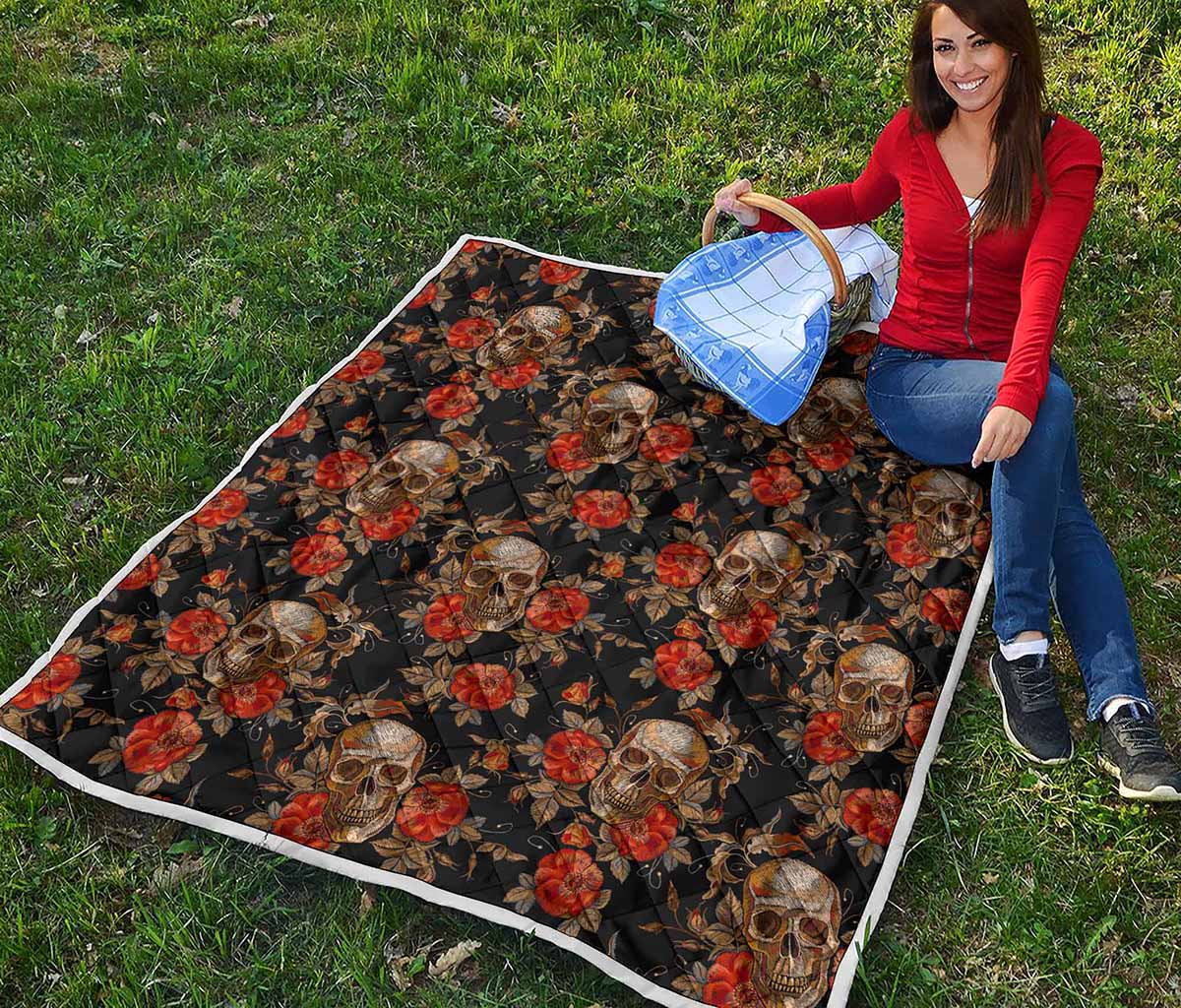 Vintage Floral Skull Pattern Print Quilt