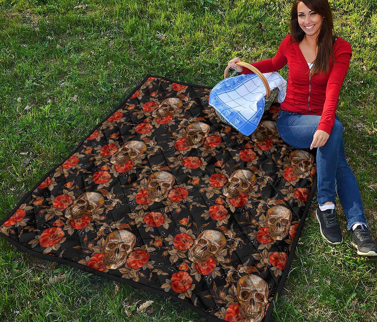 Vintage Floral Skull Pattern Print Quilt