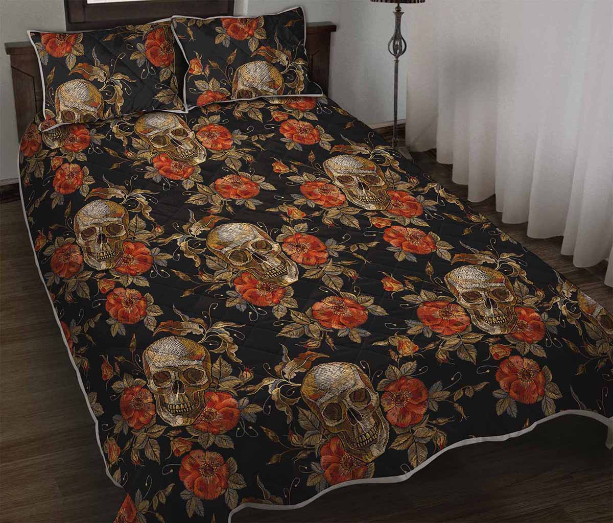 Vintage Floral Skull Pattern Print Quilt Bed Set