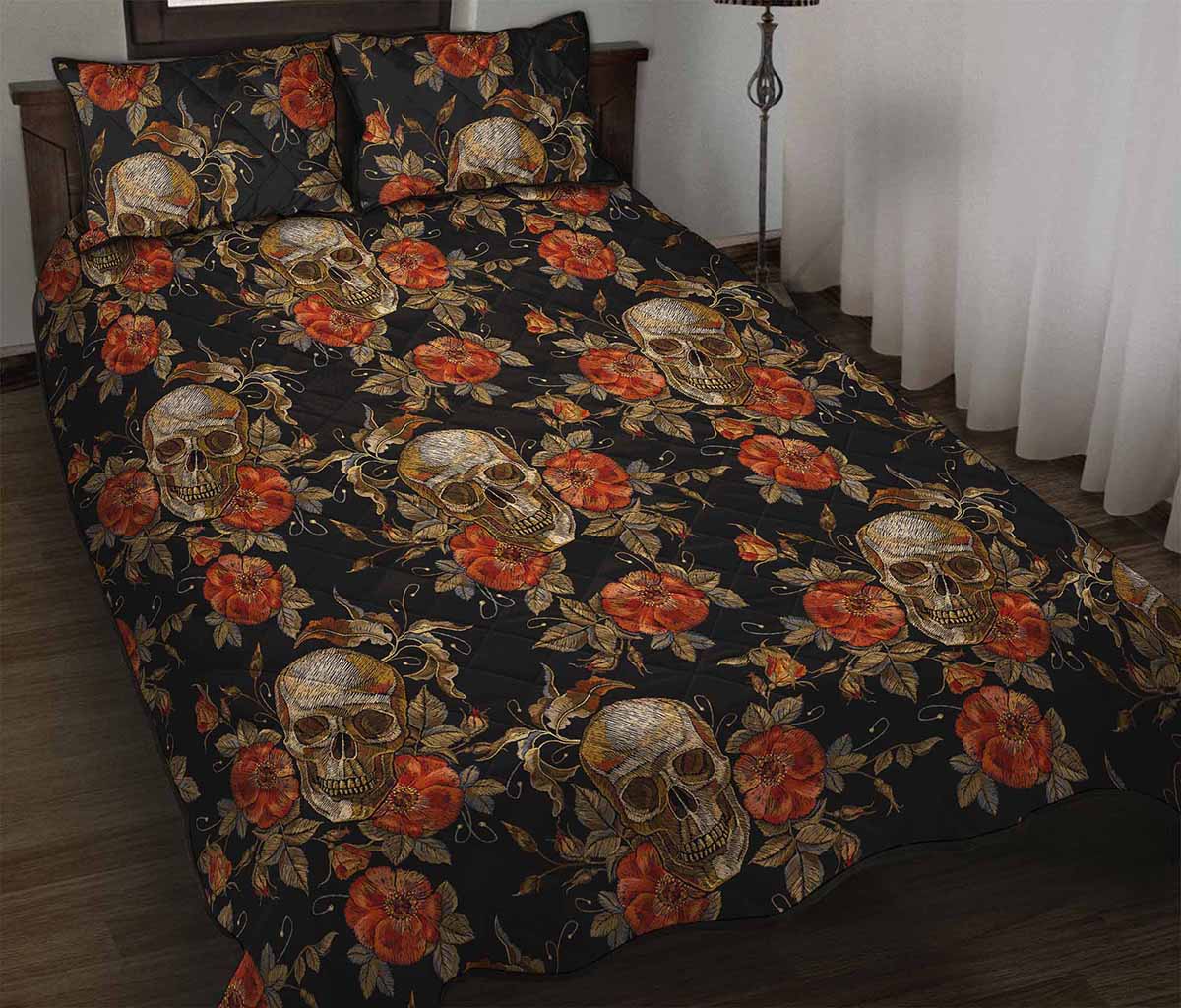 Vintage Floral Skull Pattern Print Quilt Bed Set