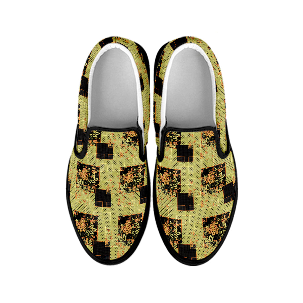 Vintage Flower Patchwork Pattern Print Black Slip On Shoes