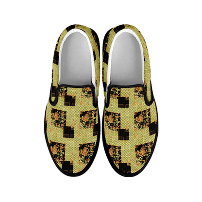 Vintage Flower Patchwork Pattern Print Black Slip On Shoes
