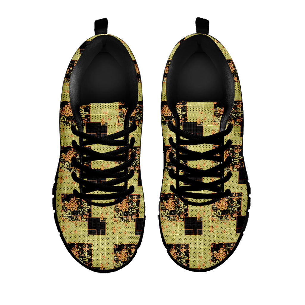 Vintage Flower Patchwork Pattern Print Black Sneakers