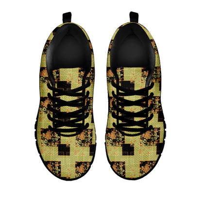 Vintage Flower Patchwork Pattern Print Black Sneakers