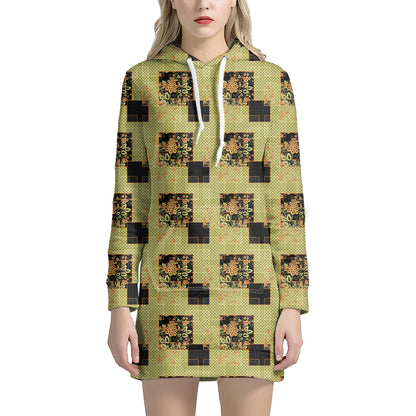 Vintage Flower Patchwork Pattern Print Hoodie Dress