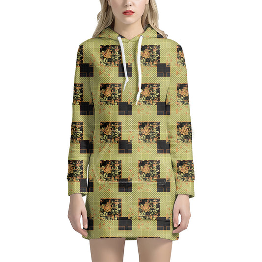 Vintage Flower Patchwork Pattern Print Hoodie Dress