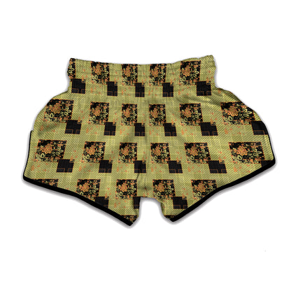 Vintage Flower Patchwork Pattern Print Muay Thai Boxing Shorts