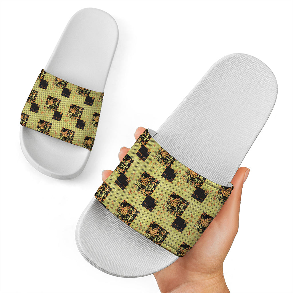Vintage Flower Patchwork Pattern Print White Slide Sandals