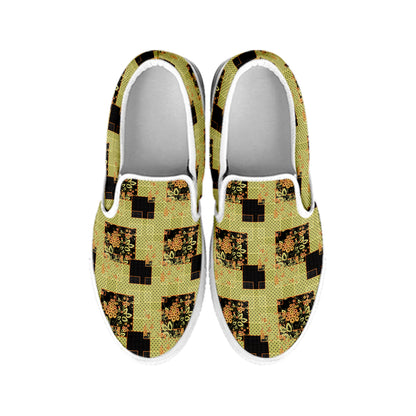 Vintage Flower Patchwork Pattern Print White Slip On Shoes