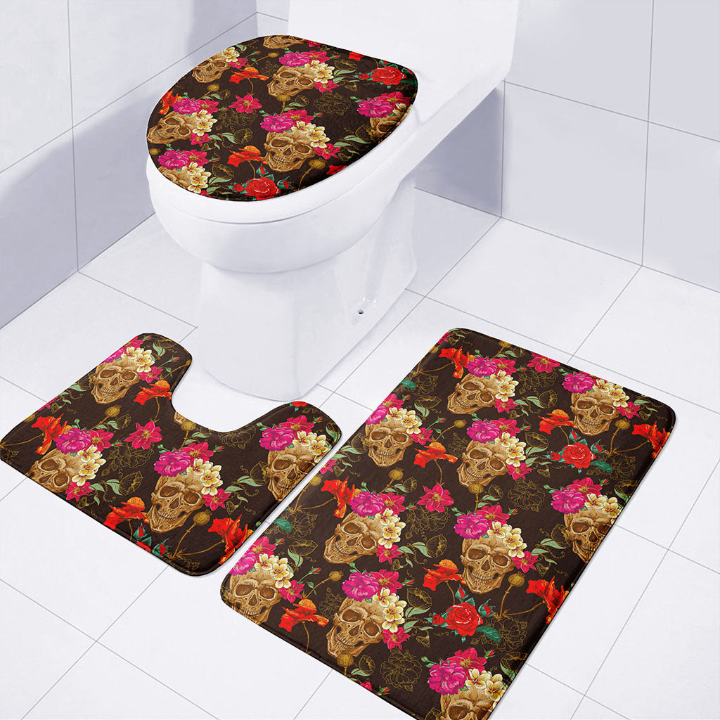 Vintage Flowers Skull Pattern Print 3 Piece Bath Mat Set