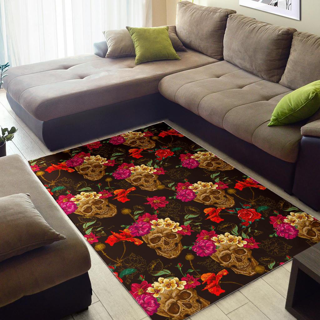 Vintage Flowers Skull Pattern Print Area Rug GearFrost